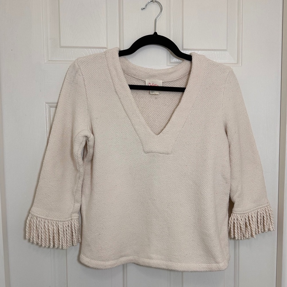 Deletta Cream Textured Fringe Sleeve V Neck Sweater Top Women's Size S - Picture 1 of 5